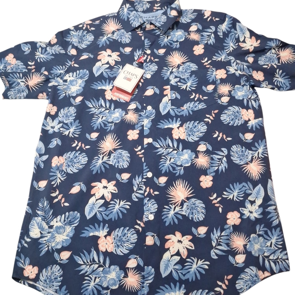 NWT Chaps Everyday Performance Mens Hawaiian AOP Short Sleeve Button Up Shirt M